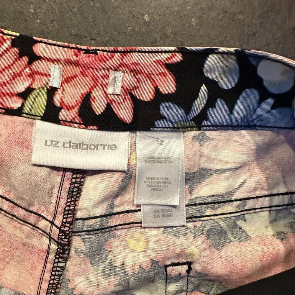 Liz Claiborne Pants Womens 12 Floral Print Capri Cotton Black Multicolor - Picture 5 of 6